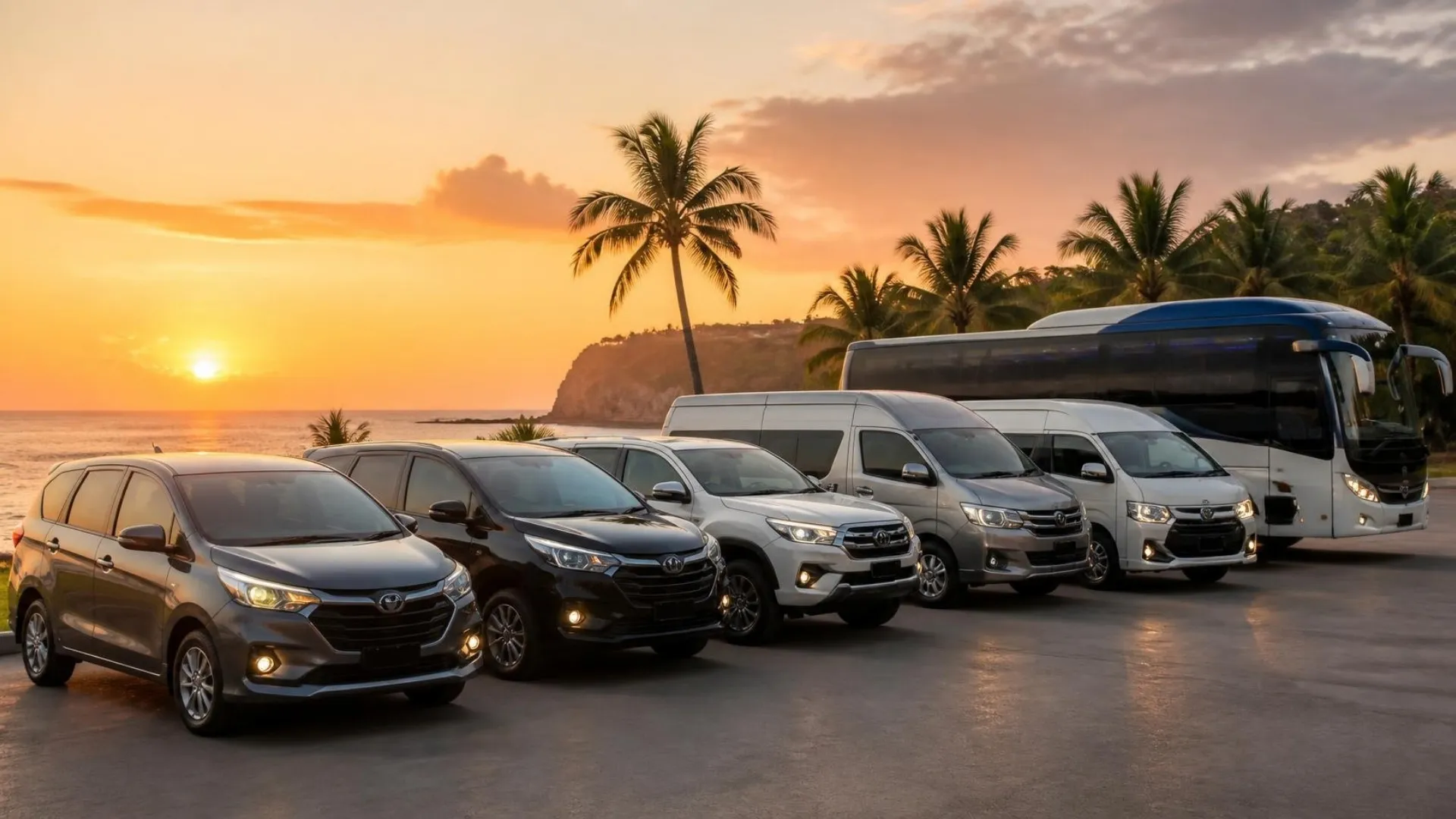 Armada Sahabat Trans: Avanza, Innova Zenix, Fortuner, HiAce, HiAce Premio dan bus pariwisata berjajar di tepi pantai saat senja